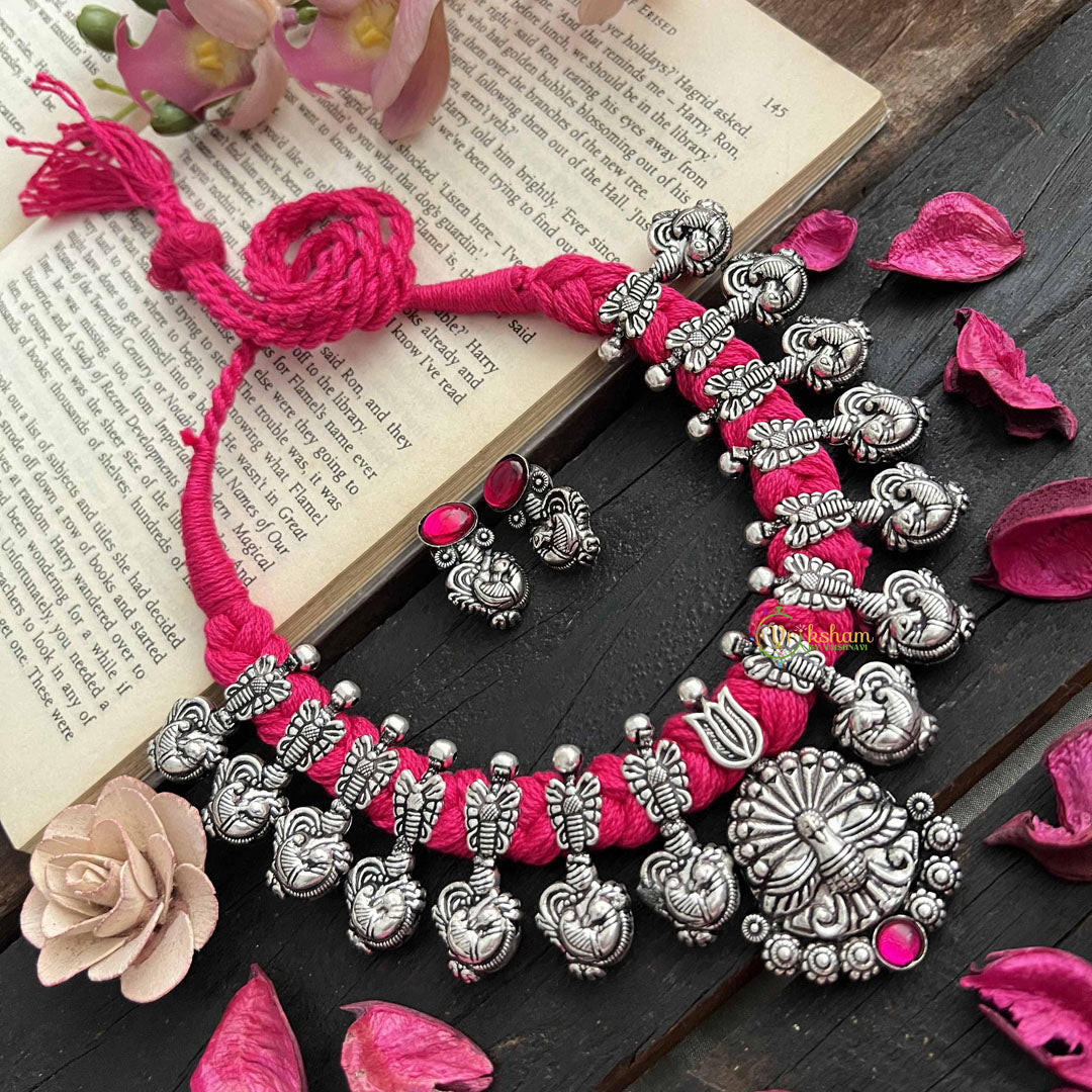 Vriksham Designer Peacock Motif Oxidized Silver & Pink Beaded Neckpiece-Red-S1055