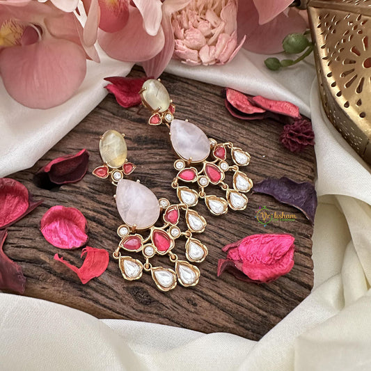 Vriksham Designer Natural Stone Jadau Drop Earrings-Pastel Green & Pastel Pink-G16093