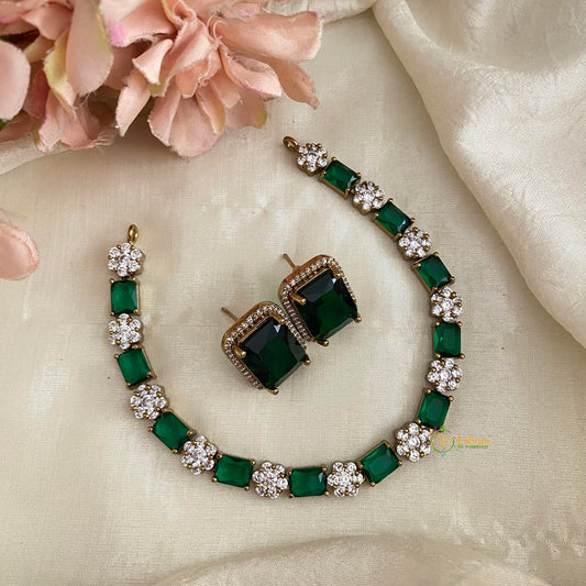 American Diamond Choker Short Neckpiece-Green White -G12133