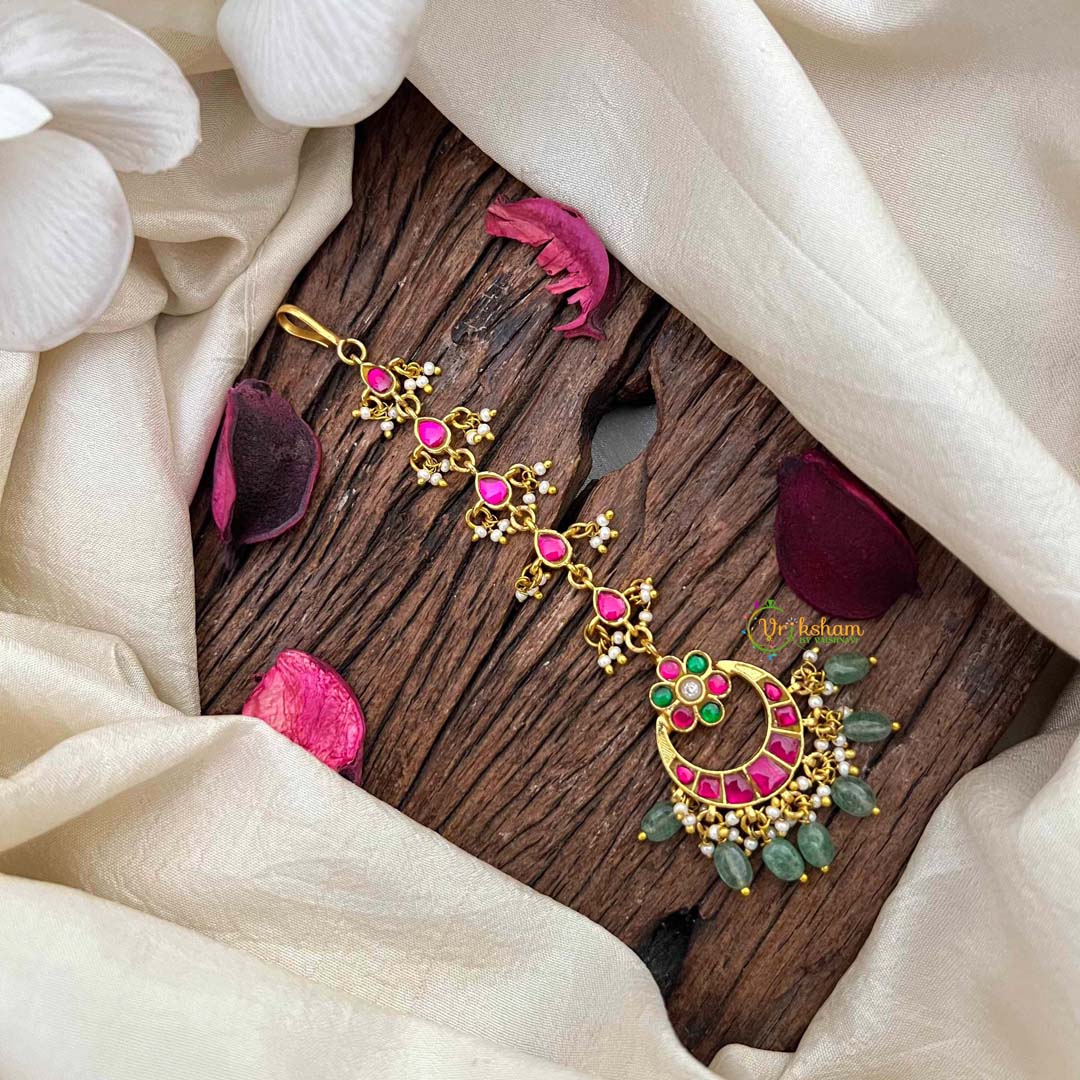 Vriksham  Chand Bali Floral Round Kundan Jadau Maang Tikka-Green Bead-J4184