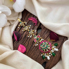 Vriksham Elegant Peacock Floral Round Kundan Jadau Maang Tikka-Green Bead-Pearls-J4185