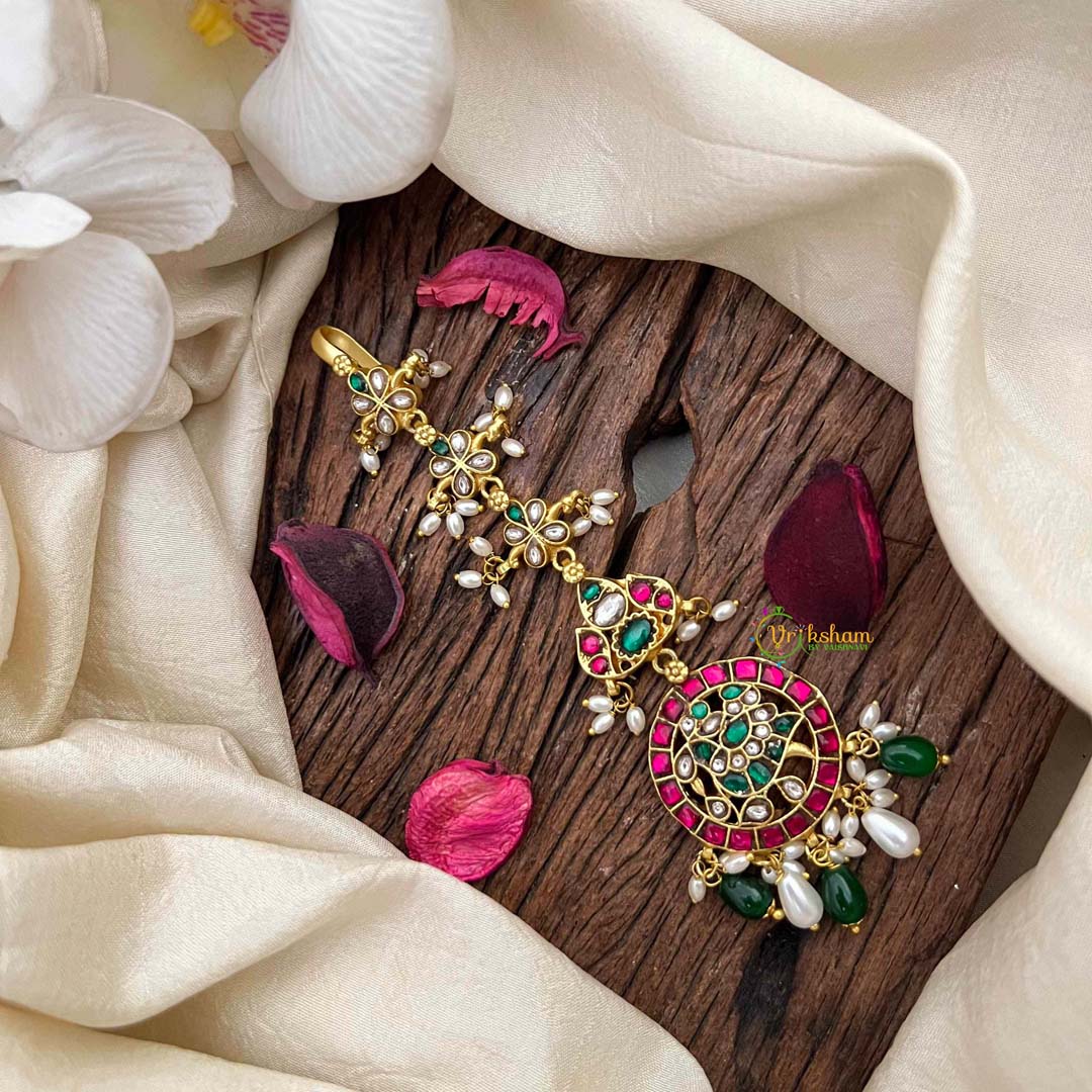 Vriksham Elegant Right Side Peacock Floral Round Kundan Jadau Maang Tikka-Green Bead-Pearls-J4186