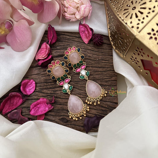 Vriksham Baby Pink Natural Stone Jadau Drop Earrings-G16082