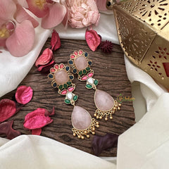 Vriksham Baby Pink Natural Stone Jadau Drop Earrings-G16082