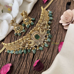 Vriksham Designer Dual Peacock AD Stone High Neck Choker-Green-Aqua Green Bead-Pearls-G18492