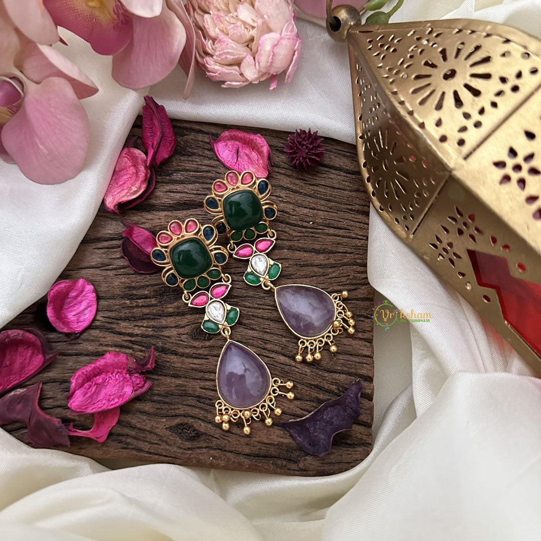 Vriksham Purple & Green Natural Stone Jadau Drop Earrings-G16084