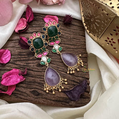 Vriksham Purple & Green Natural Stone Jadau Drop Earrings-G16084