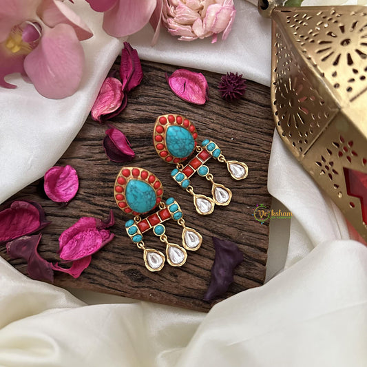 Vriksham Tilak Natural Stone Jadau Drop Earrings-Sea Blue & Coral-G16091