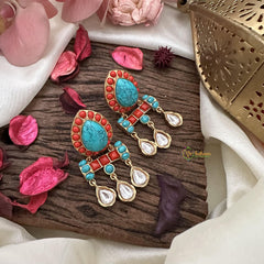 Vriksham Tilak Natural Stone Jadau Drop Earrings-Sea Blue & Coral-G16091