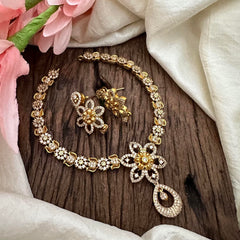 Premium White AD Stone Floral Pendant Neckpiece-Pearls-G12868