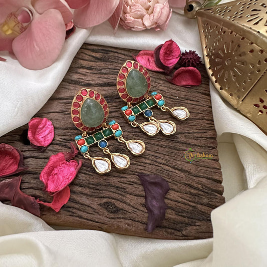 Vriksham Tilak Natural Stone Jadau Drop Earrings-Pastel Green-G16089