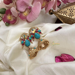 Vriksham Exclusive Dual Peacock Natural Jadau Stone Jhumka-Ocean Blue-G16063