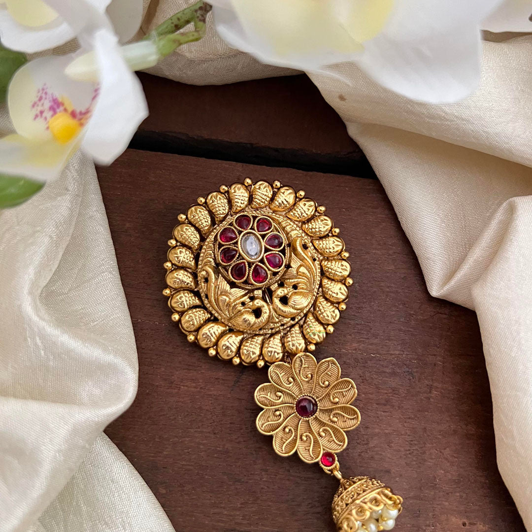 Gold Look Alike Floral Bun Billai-Jada Billai-Red-Pearl-G13117