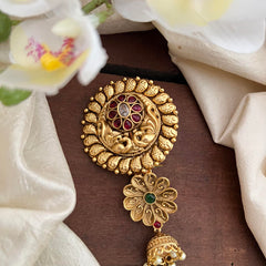 Gold Look Alike Floral Bun Billai-Jada Billai-Red Green-Pearl-G13116