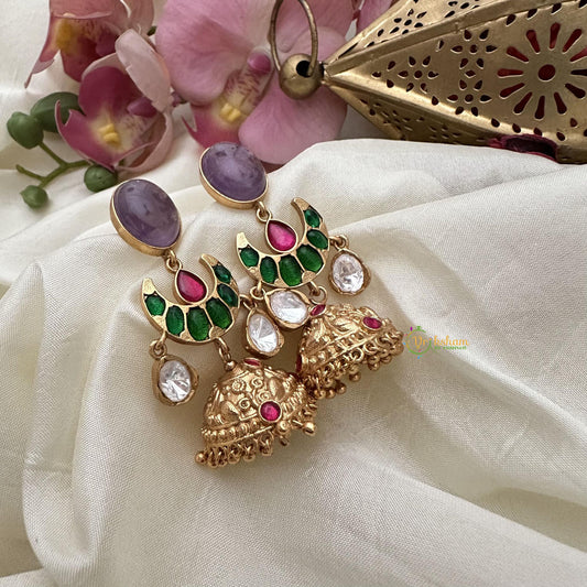 Vriksham Gold Look Alike Half Moon Natural Jadau Stone Jhumka-Purple-G16068