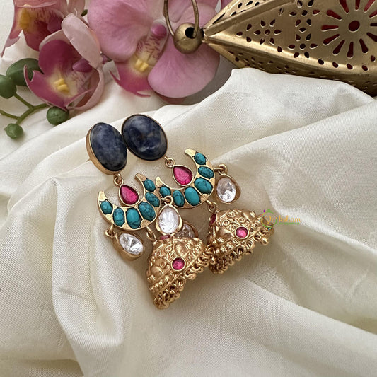 Vriksham Gold Look Alike Half Moon Natural Jadau Stone Jhumka-Blue-G16066