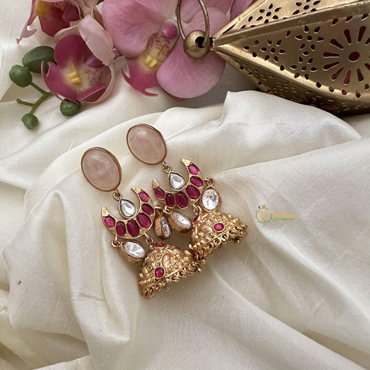 Vriksham Gold Look Alike Half Moon Natural Jadau Stone Jhumka-Pastel Pink-G16067