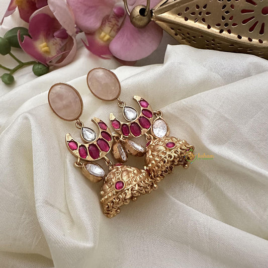 Vriksham Gold Look Alike Half Moon Natural Jadau Stone Jhumka-Pastel Pink-G16067