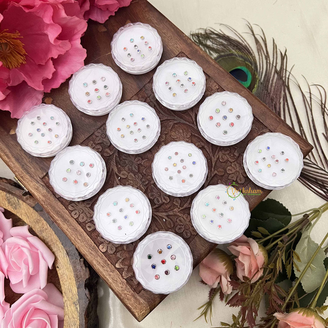 Vriksham Multi Color Round Sparkle Bindi Case-12 Sets In Palstic Box-BB3556