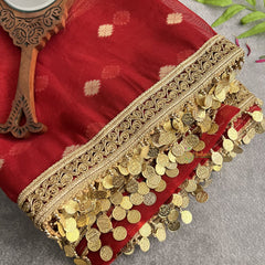 Vriksham Red With Lace & Coin Tassel Organza Saree-Handloom-VS4247