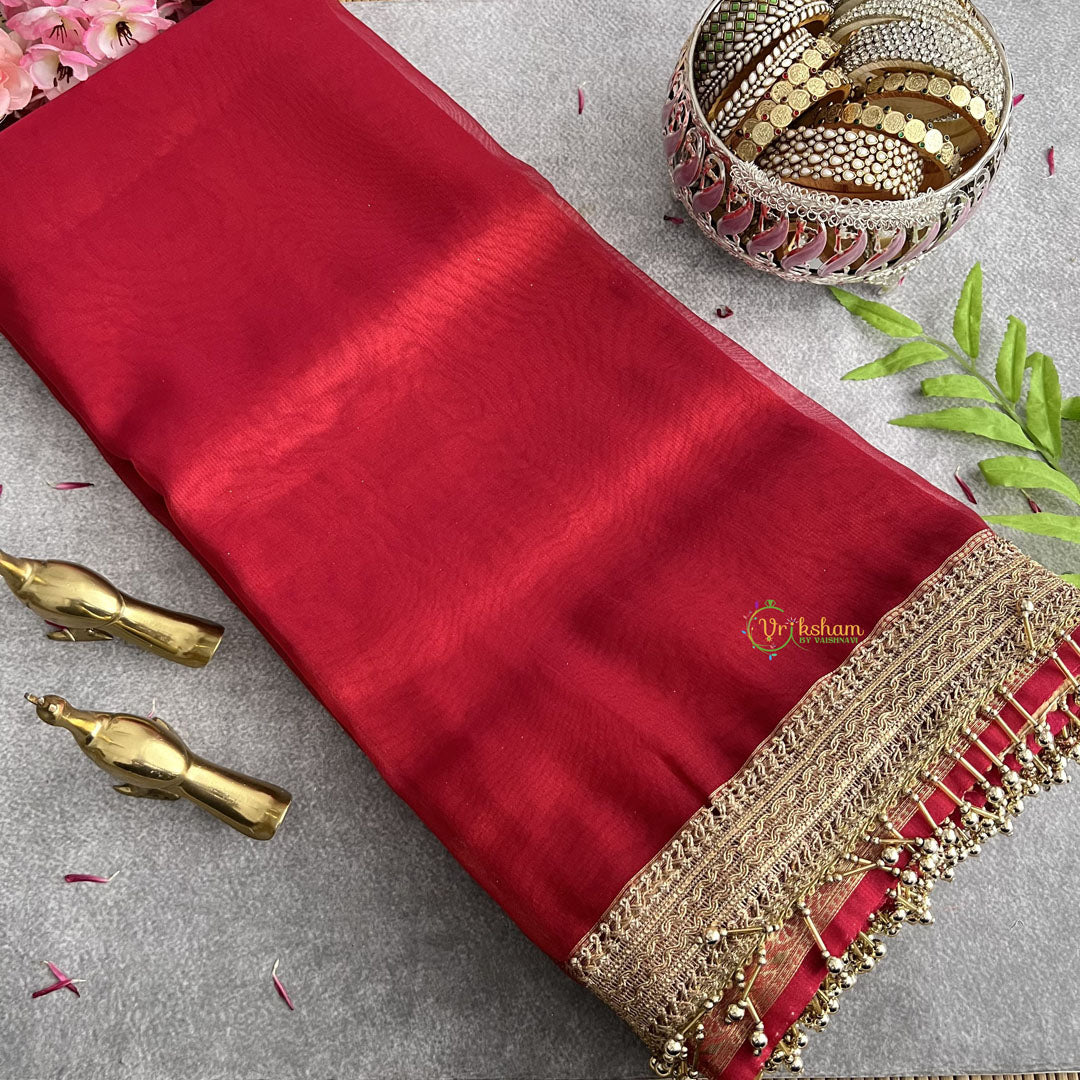 Vriksham Red Organza Saree-Lace & Tassel Work-Handloom-VS4242