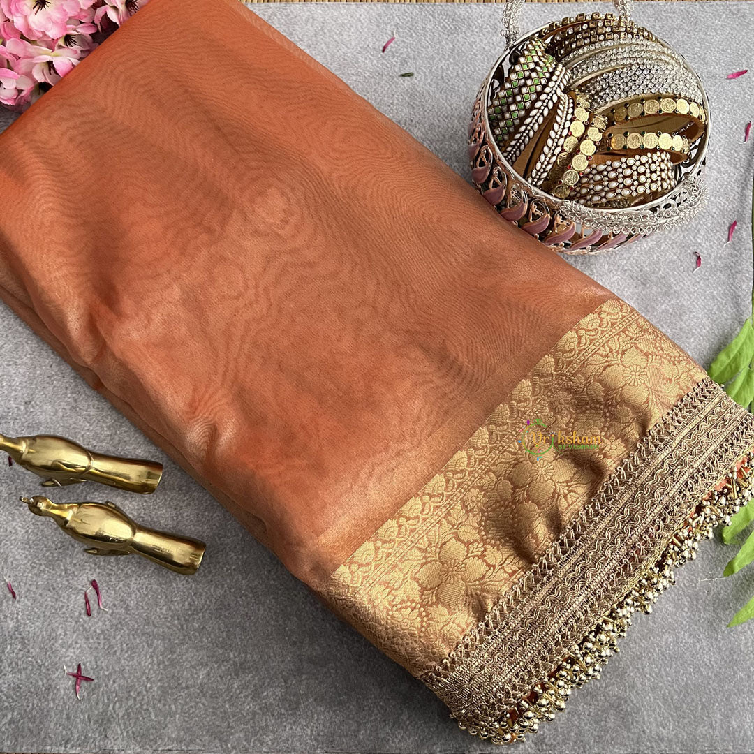 Vriksham Glossy Orange Organza Saree-Lace & Tassel Work-Handloom-VS4243