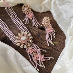 Stylish Layered Victorian Diamond Floral Neckpiece-Pastel Pink Bead-VV1797