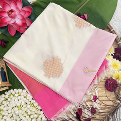 Vriksham White Squared Design With Gadwal Pink Border Semi Soft Silk Saree-VS4881