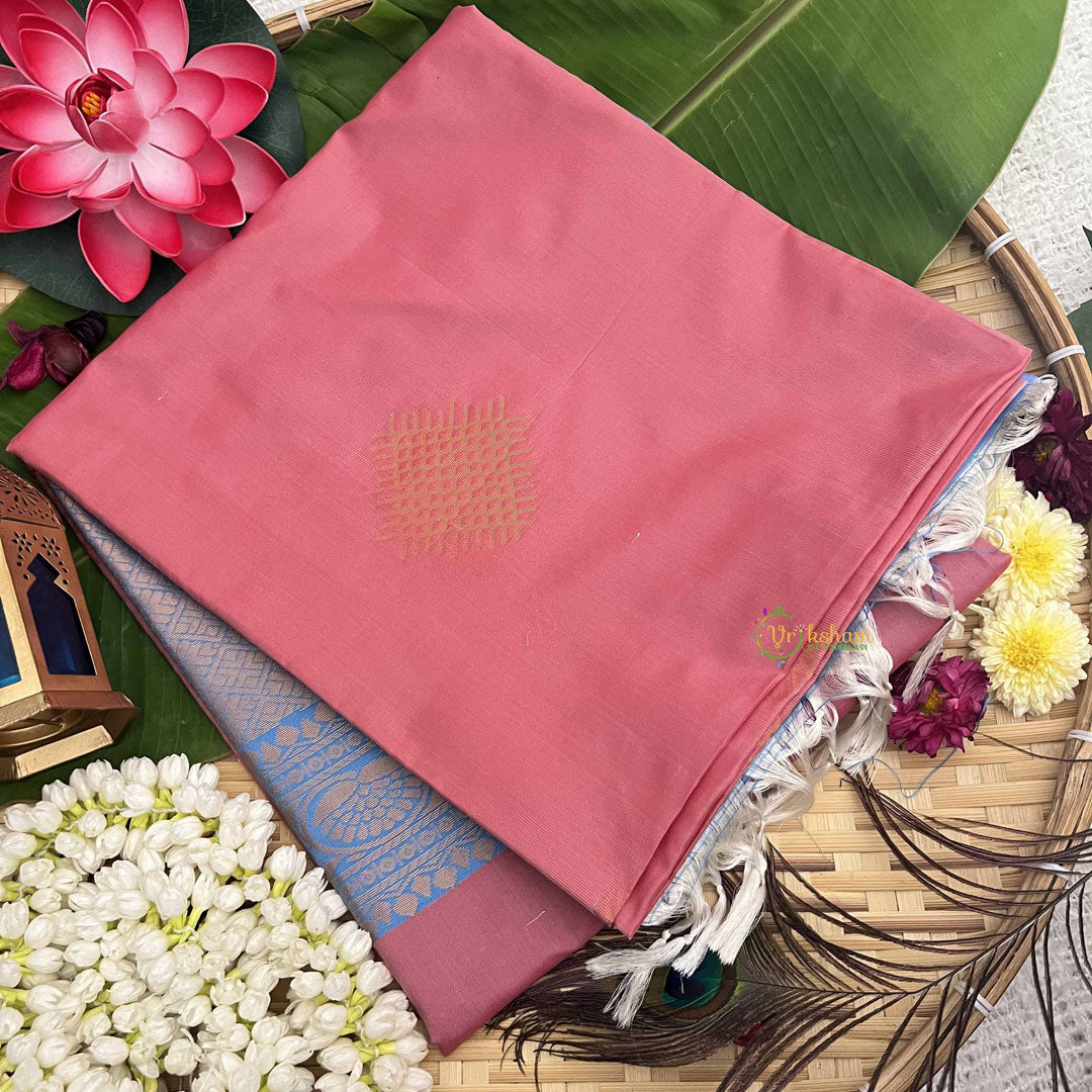 Vriksham Peachy Pink Squared Design With Gadwal Border Semi Soft Silk Saree-VS4873