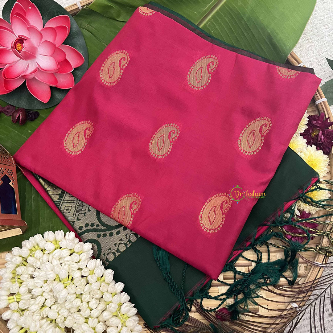 Vriksham Deep Pink With Peacock Golden Butta & Zari Work Green Border Semi Soft Silk Saree-VS4893