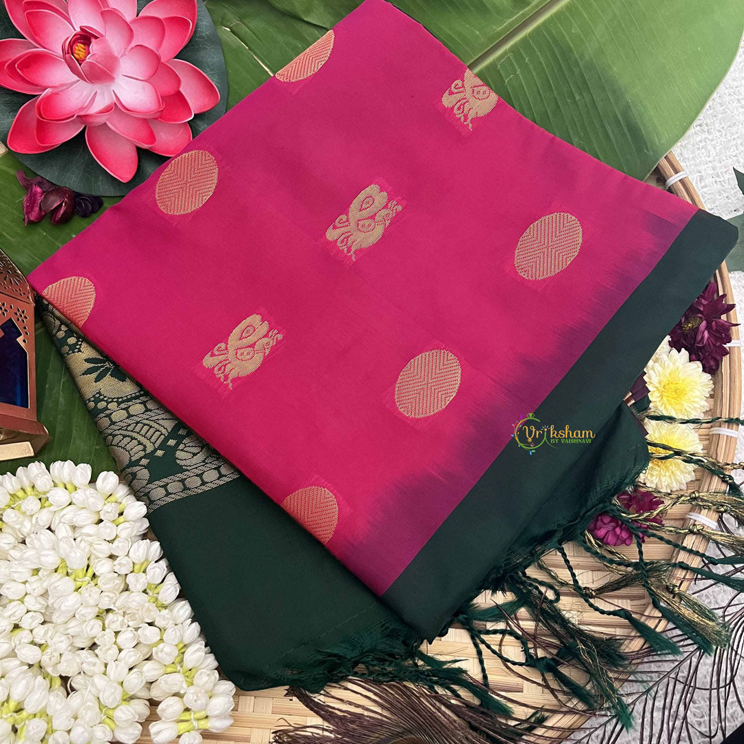 Vriksham Magenta With Golden Butta & Zari Work Green Border Semi Soft Silk Saree-VS4890