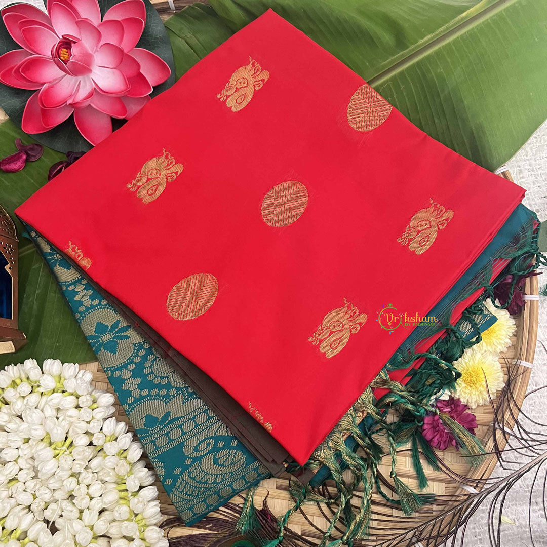 Vriksham Red With Golden Butta & Zari Work Green Border Semi Soft Silk Saree-VS4891