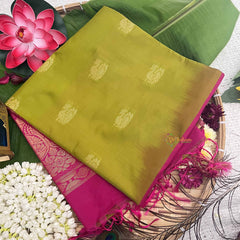 Vriksham Hunter Green With Peacock Golden Butta & Zari Work Pink Border Semi Soft Silk Saree-VS4894