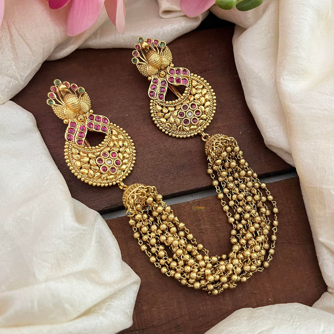 Bridal Peacock Jada Billai with Golden Pearl Maatil-Bun Billai-Red Green-G13089