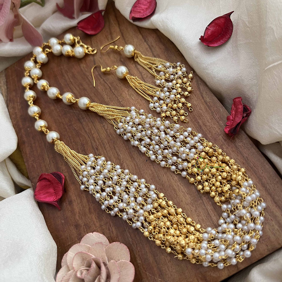 Vriksham Aarvi 14 Layer Pearl & Gold Multi-Strand With Matching Earrings Beaded Mala-G20108