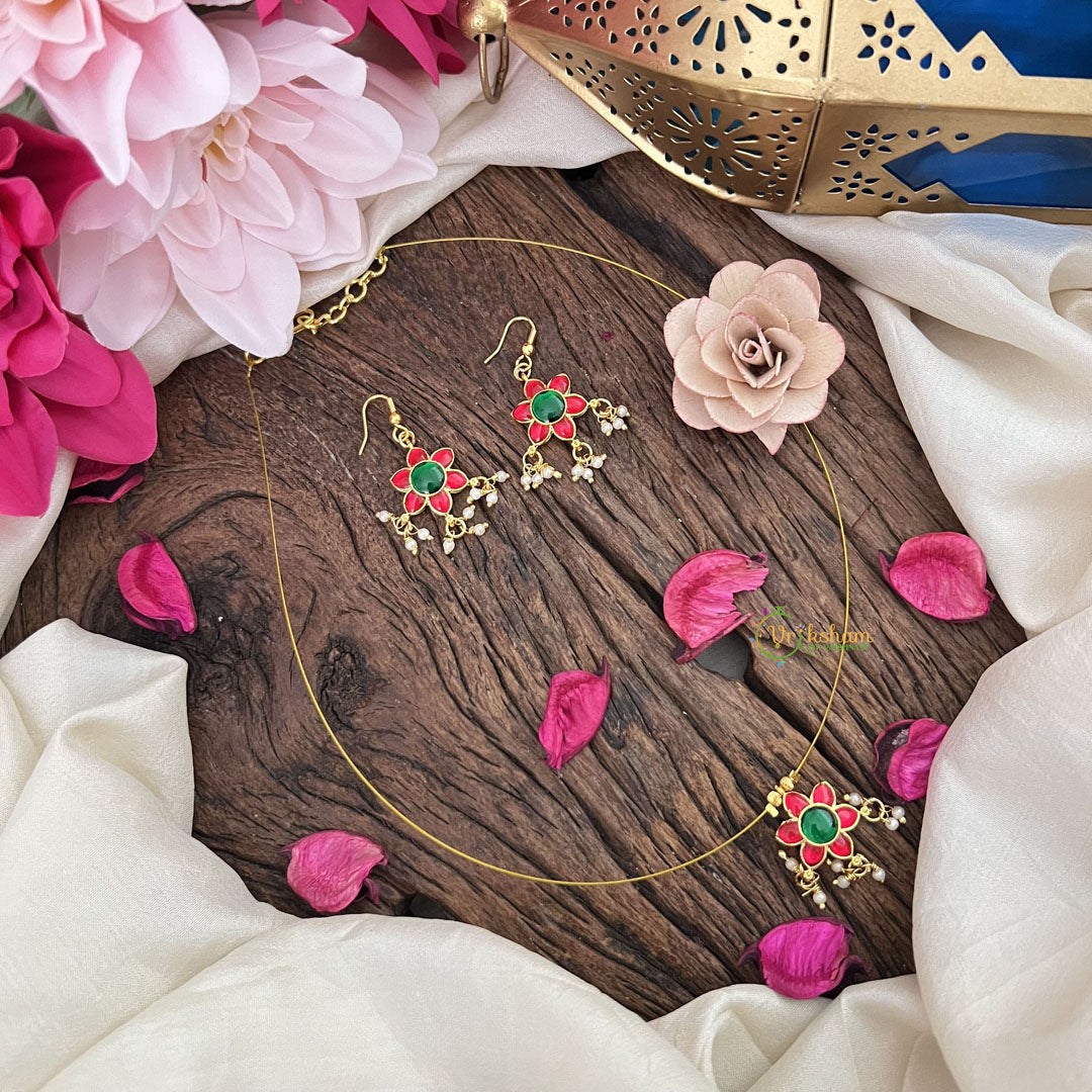 Vriksham Red Green Flower Pendant Invisible Chain Neckpiece-Pearls-G18427
