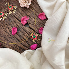 Vriksham Red Green Flower Pendant Invisible Chain Neckpiece-Pearls-G18427