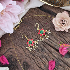 Vriksham Red Green Flower Pendant Invisible Chain Neckpiece-Pearls-G18427
