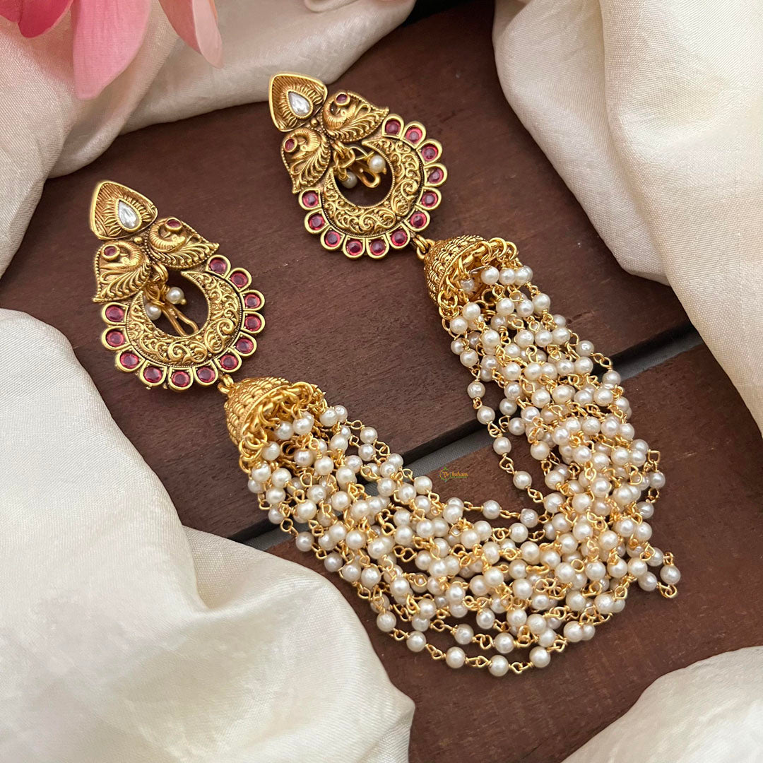 Elegant Dual Peacock Jada Billai with Pearl Maatil-Bun Billai-Red-G13083