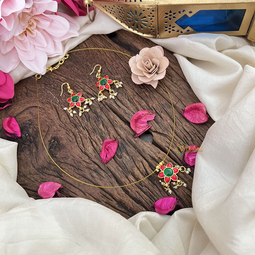 Vriksham Red Green Flower Pendant Invisible Chain Neckpiece-Pearls-G18427