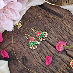 Vriksham Antique Floral Pendant Invisible Chain Neckpiece-Red Green-G18429