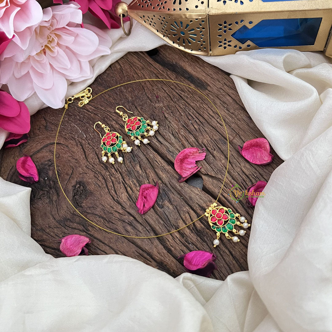 Vriksham Antique Floral Pendant Invisible Chain Neckpiece-Red Green-G18429