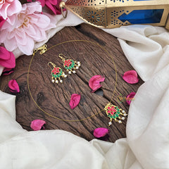 Vriksham Antique Floral Pendant Invisible Chain Neckpiece-Red Green-G18429