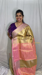 Vriksham Golden With Baby Pink Border Organza Saree-Handloom-VS4239