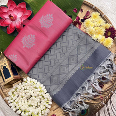 Vriksham Onion Pink With Leaf Golden Butta & Zari Work Grey Border Semi Soft Silk Saree-VS4897