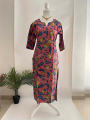 Vriksham Elegant Rose Pink & Blue Floral Vine Hand-Painted Kalamkari Cotton Kurti-VS5067