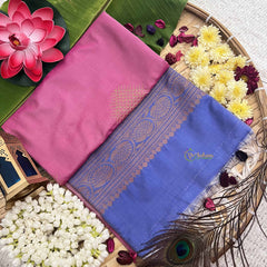 Vriksham Onion Pink Squared Design With Gadwal Blue Border Semi Soft Silk Saree-VS4875