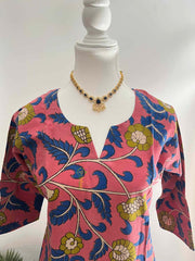 Vriksham Elegant Rose Pink & Blue Floral Vine Hand-Painted Kalamkari Cotton Kurti-VS5067