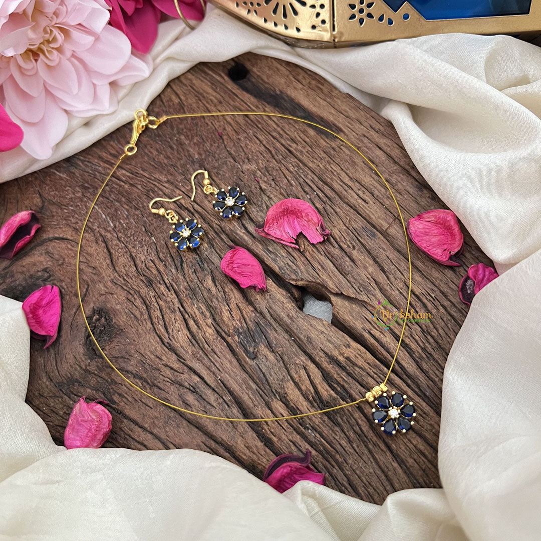 Vriksham Flower Pendant Invisible Chain Neckpiece-Blue-G18423
