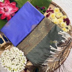 Vriksham Steel Blue Squared Design With Gadwal Green Border Semi Soft Silk Saree-VS4879